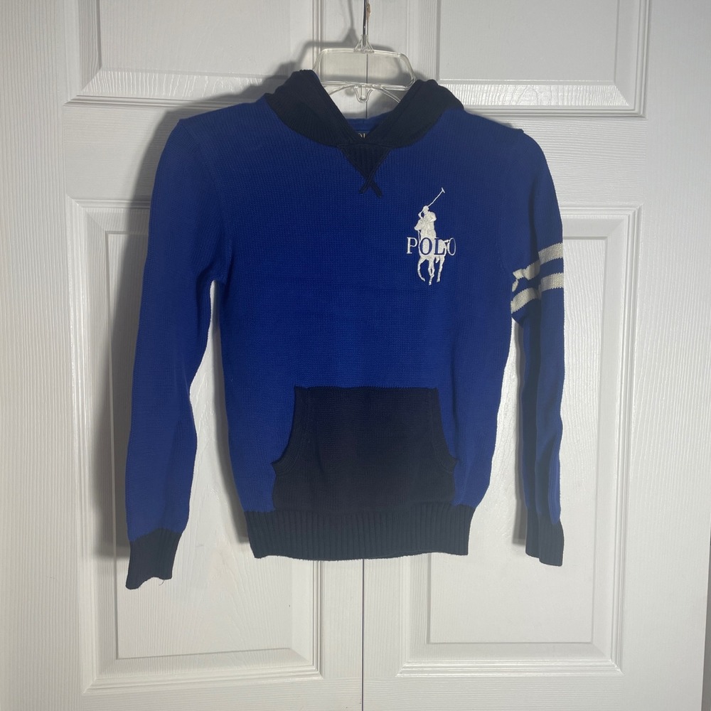 Polo Ralph Lauren Boys Knit Hoodie M 10/12 Blue Big White Pony‎ Logo Pullover